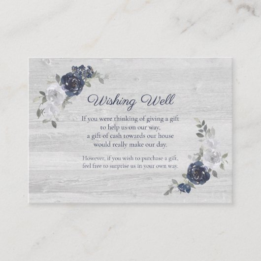 Navy Blue Waterverf Bloemen Wishing Well Bruiloft Informatiekaartje (Voorkant)