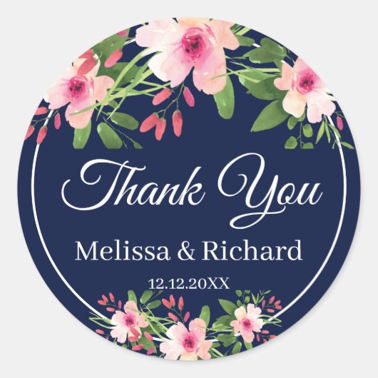 Navy Blue Waterverf Bloemenbruiloft Dank u Ronde Sticker (Voorkant)