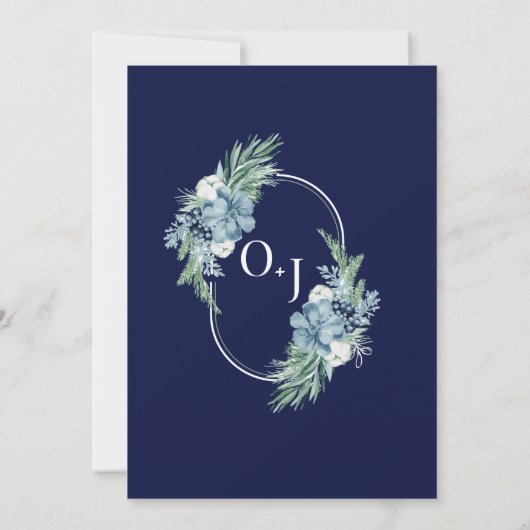 Navy Blue waterverf bloemenwinter elegante bruilof Kaart (Achterkant)