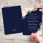 Navy Blue Waterverf Blush Bloemen Huwelijk Kaart