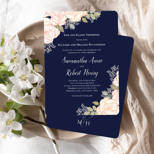 Navy Blue Waterverf Blush Bloemen Huwelijk Kaart
