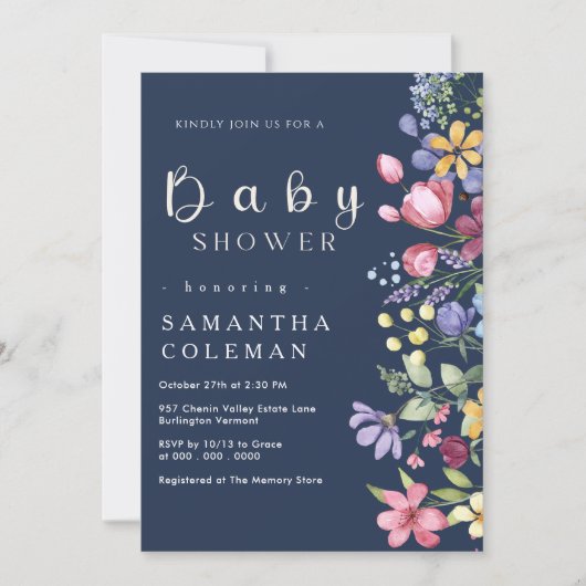 Navy Blue Waterverf Boho Wildflower Baby shower Kaart (Voorkant)