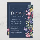 Navy Blue Waterverf Boho Wildflower Baby shower Kaart (Voorkant / Achterkant)