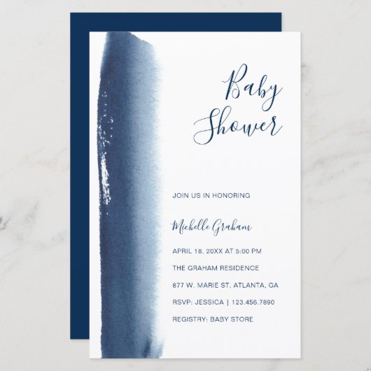 Navy Blue Waterverf Boy Baby shower Invitation (Voorkant / Achterkant)