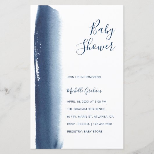 Navy Blue Waterverf Boy Baby shower Invitation (Voorkant)