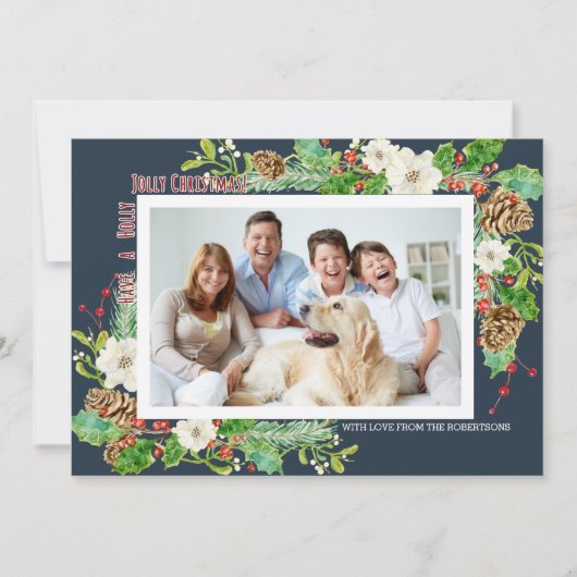 Navy Blue Waterverf Christmas Holly Jolly Floral Kaart (Voorkant)