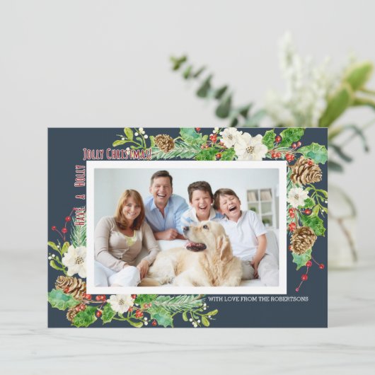 Navy Blue Waterverf Christmas Holly Jolly Floral Kaart (Staand voorkant)