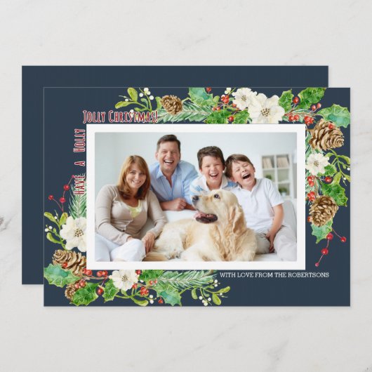Navy Blue Waterverf Christmas Holly Jolly Floral Kaart (Voorkant / Achterkant)