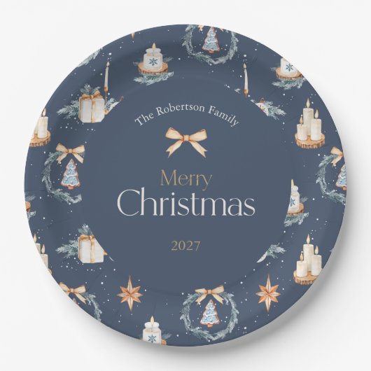 Navy Blue Waterverf Christmas Papieren Bordje (Voorkant)