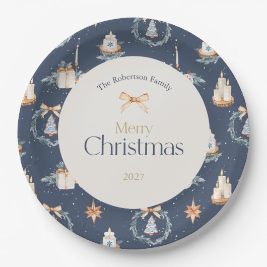 Navy Blue Waterverf Christmas Papieren Bordje (Voorkant)