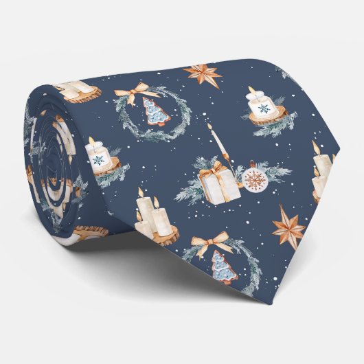 Navy Blue Waterverf Christmas Stropdas (Opgerold)