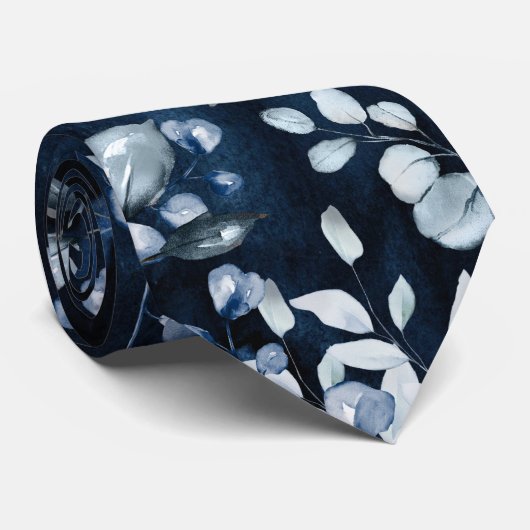 Navy Blue Waterverf Dusty Blue Greenery Wedding Stropdas (Opgerold)