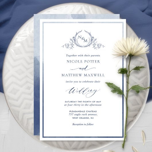 Navy Blue Waterverf Elegant Monogram Weddenschap Kaart