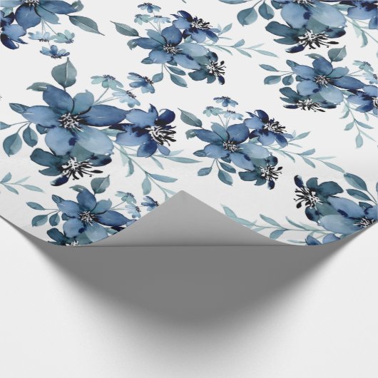 Navy Blue Waterverf Flora Pattern Cadeaupapier (Hoek)