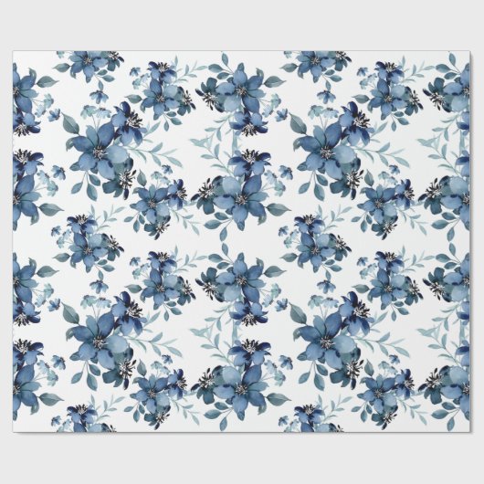 Navy Blue Waterverf Flora Pattern Cadeaupapier (Vlak)