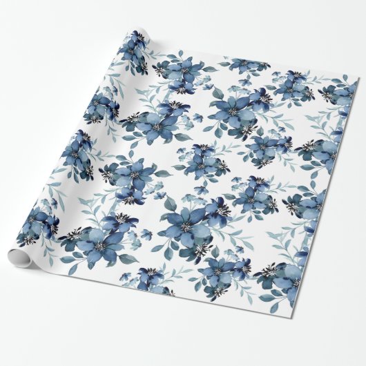 Navy Blue Waterverf Flora Pattern Cadeaupapier (Uitgerold)