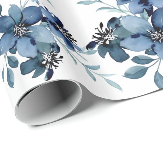 Navy Blue Waterverf Flora Pattern Cadeaupapier (Rol Hoek)