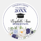 Navy Blue Waterverf Floral Afstuderen Ronde Sticker (Voorkant)