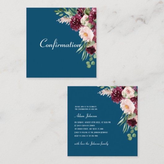 Navy Blue Waterverf Floral Confirmation Informatiekaartje (Voorkant / Achterkant)
