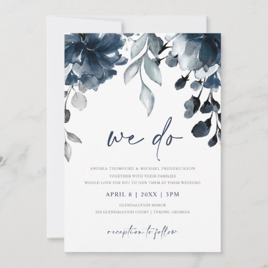 Navy Blue Waterverf Floral Garden Wedding Invitat Kaart (Voorkant)