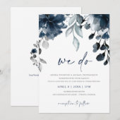 Navy Blue Waterverf Floral Garden Wedding Invitat Kaart (Voorkant / Achterkant)