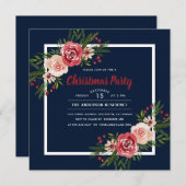 Navy Blue Waterverf Floral kerstparty Kaart (Voorkant / Achterkant)