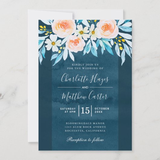 Navy Blue Waterverf Floral Modern Wedding Kaart (Voorkant)
