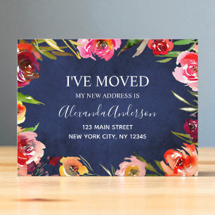 Navy Blue Waterverf Floral Moving Announcement Aankondigingskaart