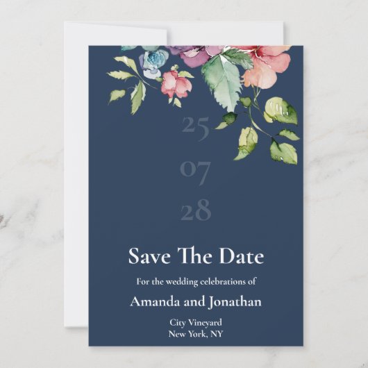 Navy Blue Waterverf Floral Save the Date Kaart (Voorkant)
