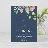 Navy Blue Waterverf Floral Save the Date Kaart (Staand voorkant)