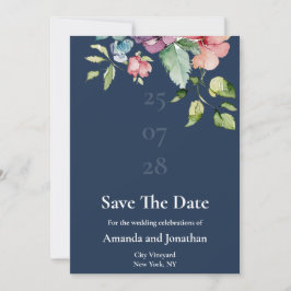 Navy Blue Waterverf Floral Save the Date Kaart