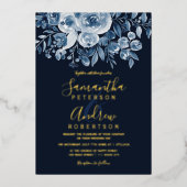 Navy blue waterverf floral script foto bruiloft folie uitnodiging (Voorkant)