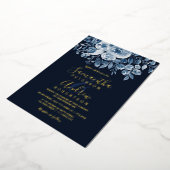 Navy blue waterverf floral script foto bruiloft folie uitnodiging (Gedraaid)