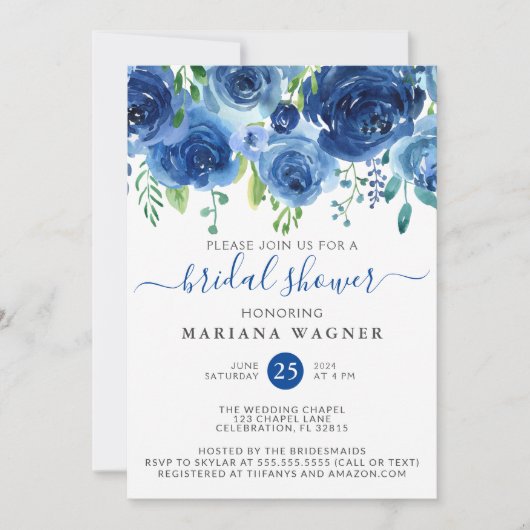 Navy Blue Waterverf Floral Vrijgezellenfeest Invit Kaart (Voorkant)