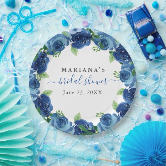 Navy Blue Waterverf Floral Vrijgezellenfeest Papieren Bordje (Feest)