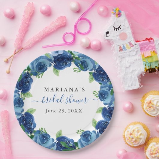 Navy Blue Waterverf Floral Vrijgezellenfeest Papieren Bordje (Feest)