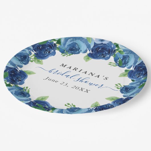 Navy Blue Waterverf Floral Vrijgezellenfeest Papieren Bordje (Gekanteld)