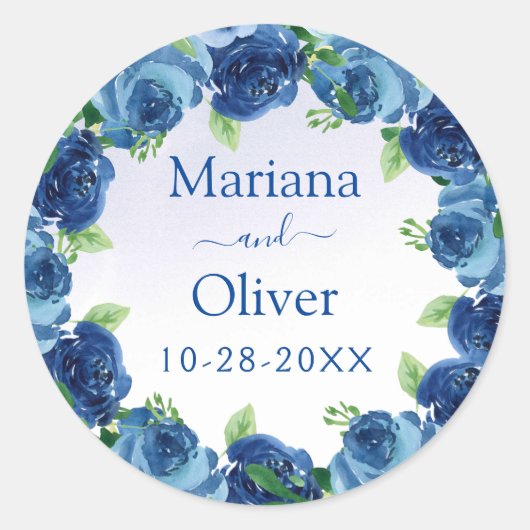 Navy Blue Waterverf Floral Wedding Classic Round Ronde Sticker (Voorkant)
