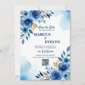 Navy Blue Waterverf Floral Wedding Kaart (Voorkant)