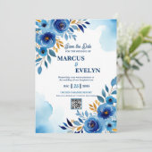 Navy Blue Waterverf Floral Wedding Kaart (Staand voorkant)