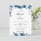 Navy Blue Waterverf Floral Wedding Kaart (Staand voorkant)