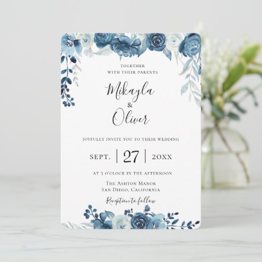 Navy Blue Waterverf Floral Wedding Kaart (Staand voorkant)