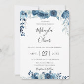 Navy Blue Waterverf Floral Wedding Kaart (Voorkant)