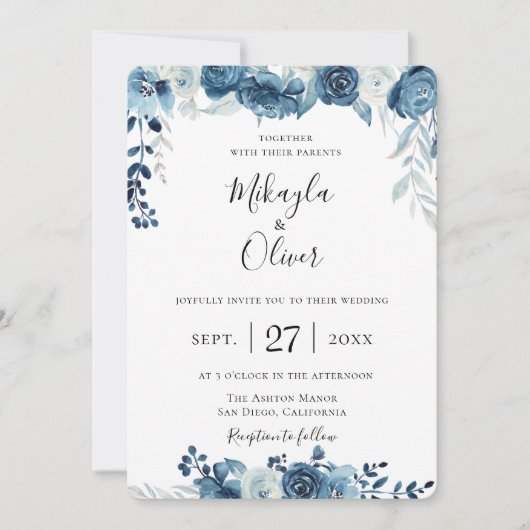 Navy Blue Waterverf Floral Wedding Kaart (Voorkant)