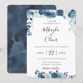 Navy Blue Waterverf Floral Wedding Kaart