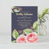 Navy Blue Waterverf Floral Wedding Kaart (Staand voorkant)