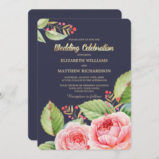 Navy Blue Waterverf Floral Wedding Kaart (Voorkant / Achterkant)