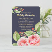 Navy Blue Waterverf Floral Wedding Kaart (Staand voorkant)