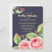 Navy Blue Waterverf Floral Wedding Kaart (Voorkant)