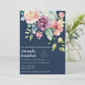 Navy Blue Waterverf Floral Wedding Kaart (Staand voorkant)